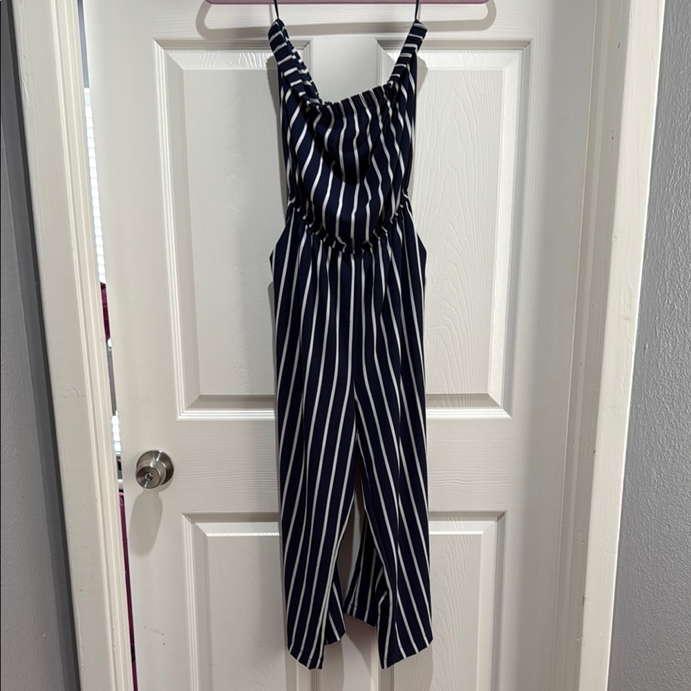 Blue and White Striped Jumpsuit with Wide-Leg Design